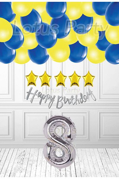 LOTUS PARTY Σετ πάρτι γενεθλίων 8 ετών Yellow Navy Blue Balloon Fan με χρυσό αστέρι και ασημί αριθμό μπαλόνι