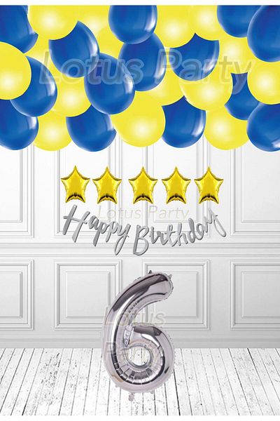 LOTUS PARTY Σετ πάρτι γενεθλίων 6 ετών Κίτρινο Navy Blue Balloon Fan με χρυσό αστέρι και ασημί αριθμό αλουμινόχαρτο μπαλόνι