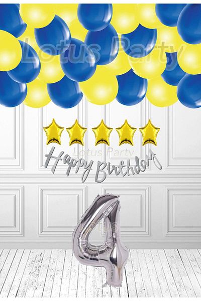 LOTUS PARTY Σετ πάρτι γενεθλίων 4 ετών Κίτρινο Navy Blue Balloon Fan με χρυσό αστέρι και ασημί αριθμό μπαλόνι
