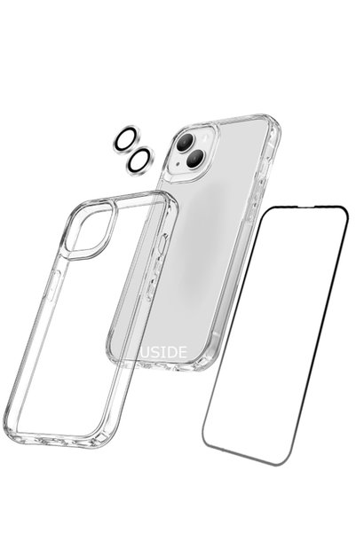 USIDE Iphone 13 (6.1) Uyumlu Şeffaf Kılıf+ Ekran Koruyucu+ Kamera Koruyucu 360°tam Koruma 3'in1 Set- Beyaz