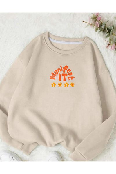 AEMİ Γυναικείο φούτερ με στάμπα Manifest Oversize Winter Cotton Crew Neck