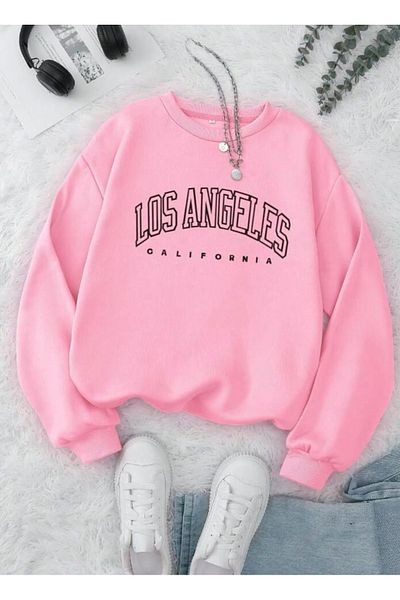 Elvino Ροζ φούτερ Los Angeles με στάμπα Crew Neck
