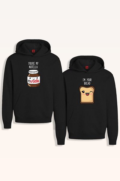 redbird Combinații de cuplu de îndrăgostiți Nutella Bread Design Produs din 2 piese Hanorac negru cu glugă