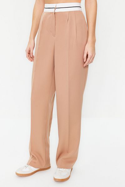 Trendyol Collection Beige Wide Leg/Wide Leg High Waist Belt Detail Woven Trousers Twoss23Pl00150 Palazzo