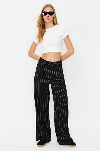 Trendyol Collection Black Wide Leg/Wide Leg Glitter Detailed Striped Woven Trousers TWOSS23PL00223