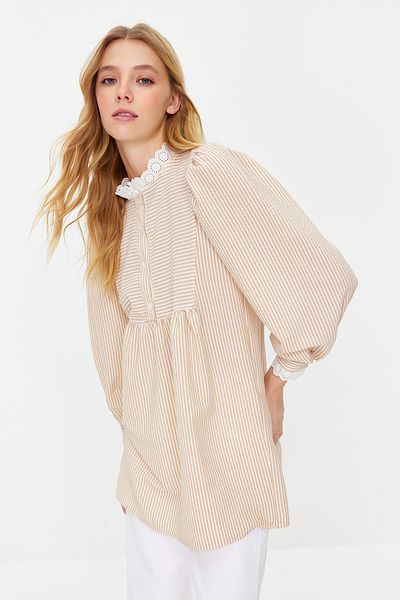 Trendyol Modest Orangefarbene, karierte Seersucker-Tunika mit gewebter Spitze TCTSS23UK00067