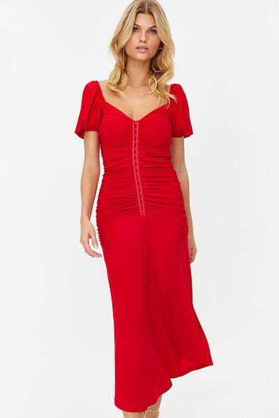 Trendyol Collection Elegantes rotes Abendkleid aus Strick - Agraph Dress TPRSS23EL00084
