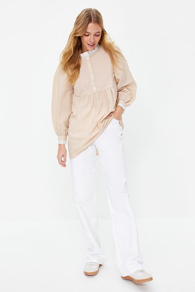 Trendyol Modest Orangefarbene, karierte Seersucker-Tunika mit gewebter Spitze TCTSS23UK00067