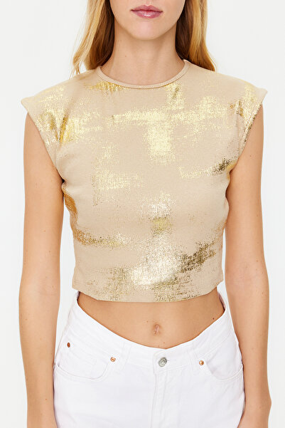 Trendyol Collection Kamenná fólie/lesklá potištěná bavlněná strečová pletená halenka TWOSS24BZ00084