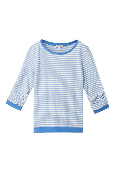 Tom Tailor Denim középkék fehér szerkezeti csíkos Pulóver Felnőtteknek