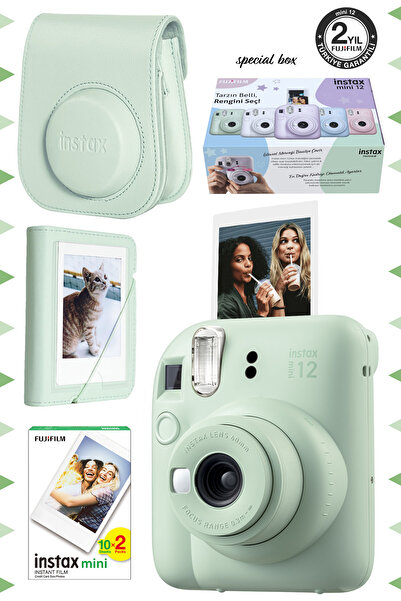 Fujifilm Instax Mini 12 Yeşil Fotoğraf Makinesi-20'lu Film-mini Albüm Ve Deri Kılıf Seti