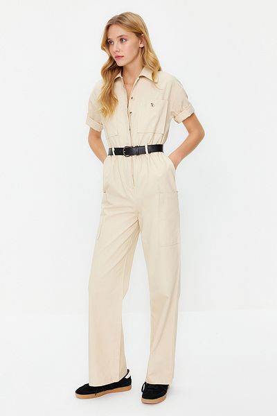 Trendyol Collection Light Beige Belted Shirt Collar Pocket Detailed Maxi Woven Jumpsuit TWOSS24TU00004