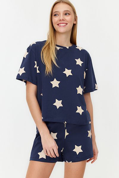 Trendyol Collection Csillagmintás 100% pamut sötétkék pizsama szett - THMSS22PT0501