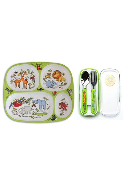 Tyrrell Katz Melamine Mini Embedded Plate / Boxed Fork Spoon Set Jungle