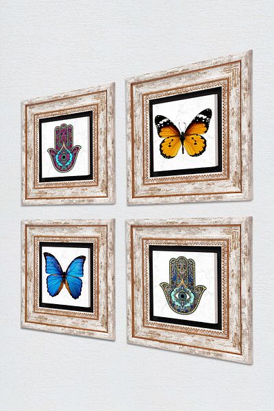 Pinecone Butterfly, Hand of Mother Fatma (Hamsa) Stone Wall Painting Framed Wall Decor 4 Piece Painting Set Wall Art