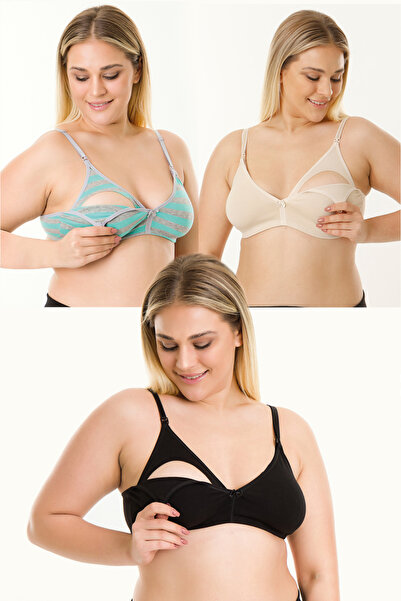 MS HAMİLE İÇ GİYİM طقم حمالة صدر للرضاعة مكون من 3 قطع - أسود، جلد، نعناعي مخطط HG0033