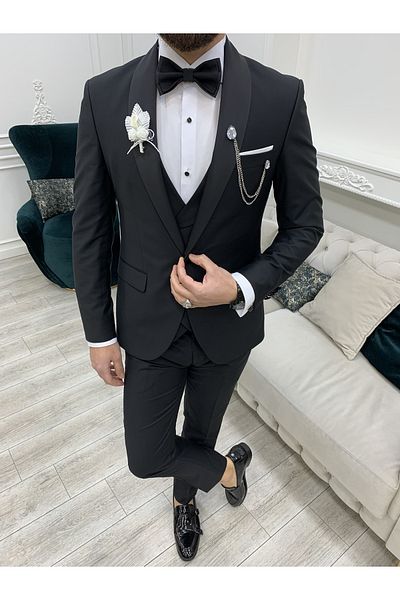 LONATOLİA Oversize Men's Tuxedos Groom Suit Shawl Collar Italian Cut Slim Fit Jacket Vest Pants Bow Tie-Black