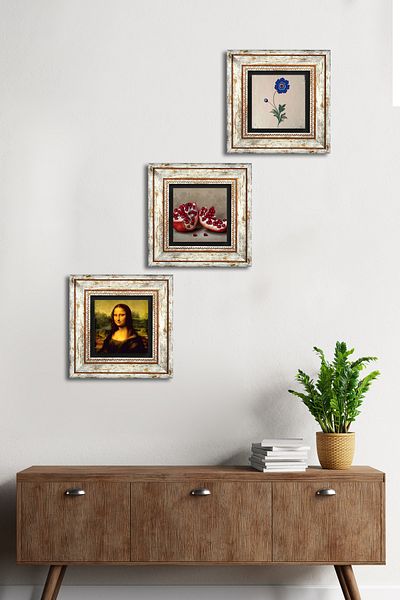 Pinecone Marbling Art, Da Vinci Mona Lisa, Pomegranate Wall Painting Framed Stone Wall Decor Set of 3 Painting Tk3-1420