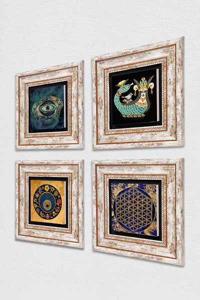Pinecone Flower of Life, Evil Eye, Shahmeran Wall Painting Framed Stone Wall Decor 4 Piece Painting Set Tk4-790