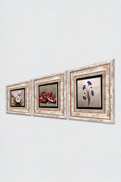 Pinecone Marbling Art, Butterfly Flower, Pomegranate Stone Wall Painting Framed Wall Decor 3-Piece Table Set TK3-1260