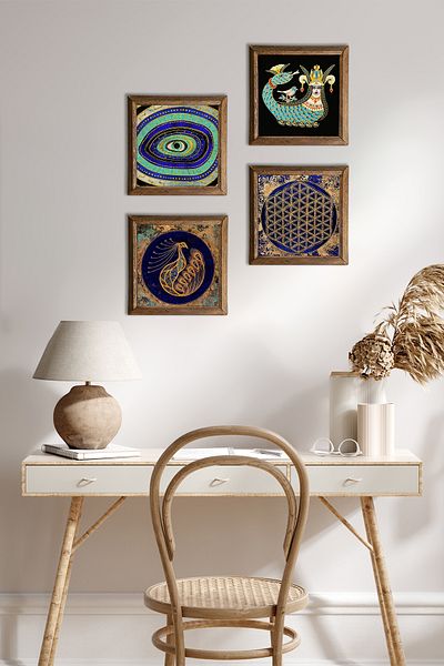 Pinecone Evil Eye, Peacock, Flower of Life, Shahmeran Wall Painting Stone Wall Decor with Wooden Frame W4-777