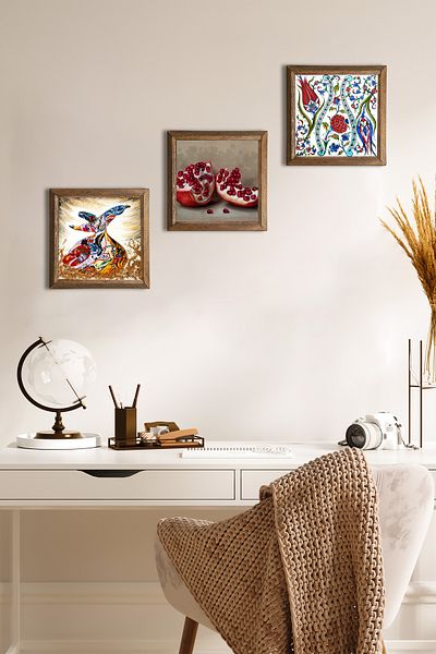 Pinecone Πλακάκι τέχνης Tulip, Chrysanthemum, Pomegranate Ζωγραφική τοίχου Ξύλινο πλαίσιο Πέτρινο Διακόσμηση τοίχου Σετ ζωγραφικής 3 τεμαχίων Τέχνη τοίχου