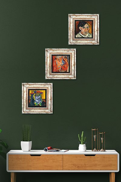 Pinecone Picasso Crying Woman, the Avignonese Girls, Self Portrait Wall Painting Framed Stone Wall Decor 3 Pieces