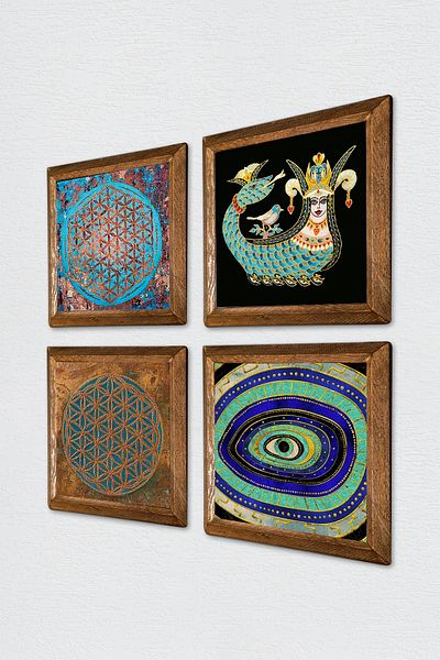 Pinecone Evil Eye, Flower of Life, Shahmeran Wall Painting Wood Framed Stone Wall Decor 4-Piece Table Set W4-482