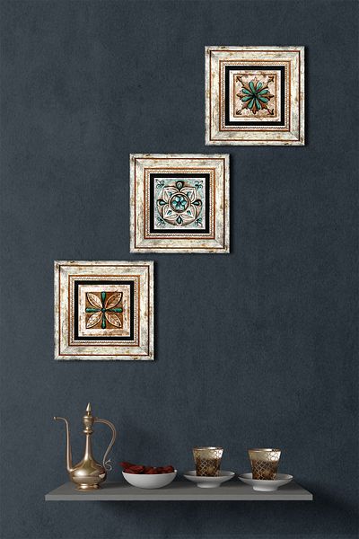 Pinecone Moroccan Pattern Vintage, Tile Art Wall Painting Framed Stone Wall Decor Set of 3 Painting Tk3-145