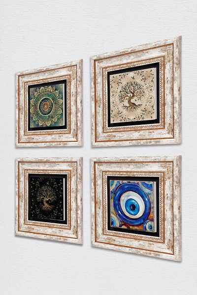 Pinecone Evil Eye, Mandala, Tree of Life Wall Painting Framed Stone Wall Decor 4 Piece Painting Set Tk4-1579