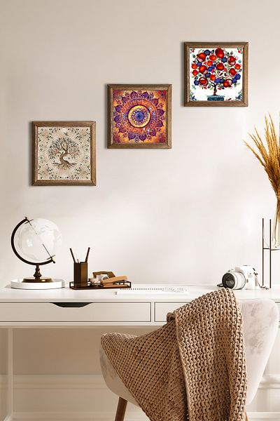 Pinecone Mandala, Tree of Life, Pomegranate Tree Wall Painting Stone Wall Decor with Wooden Frame Set of 3 Paintings