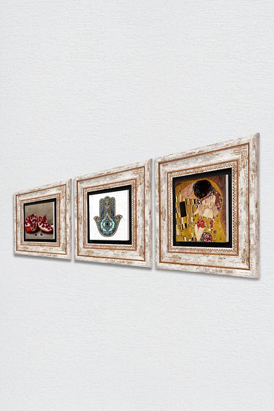 Pinecone Gustav Klimt the Kiss, Pomegranate, Mother Fatma's Hand (Hamsa) Wall Painting Framed Stone Wall Decor 3 Piece Painting