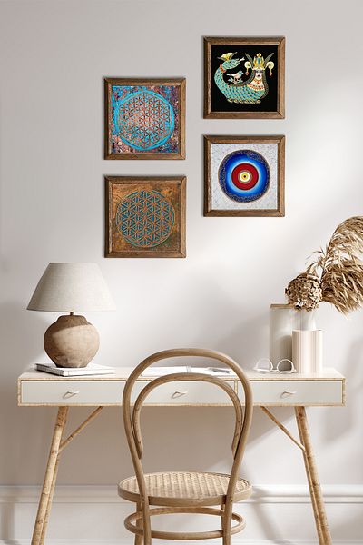 Pinecone Evil Eye, Flower of Life, Shahmeran Wall Painting Wood Framed Stone Wall Decor 4-Piece Table Set W4-493