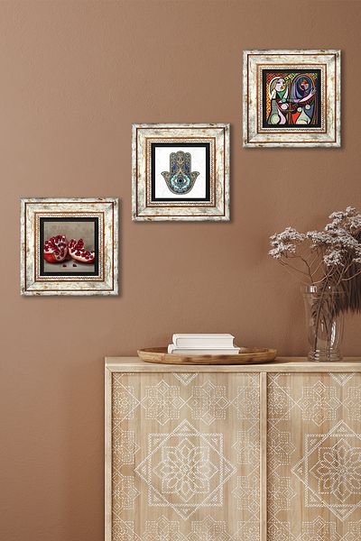 Pinecone Picasso Girl Against the Mirror, Pomegranate, Fatma Mother Hand (Hamsa) Stone Wall Painting Framed Wall Decor