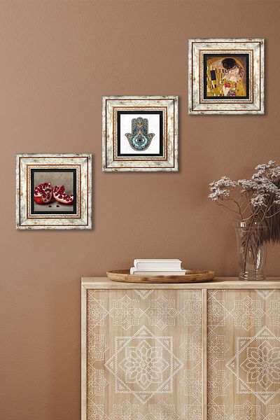 Pinecone Gustav Klimt the Kiss, Pomegranate, Mother Fatma's Hand (Hamsa) Wall Painting Framed Stone Wall Decor 3 Piece Painting