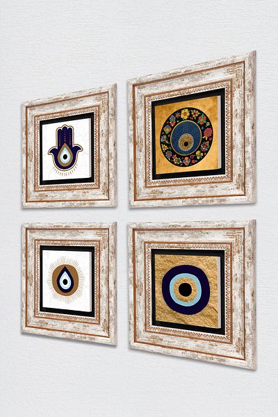 Pinecone Fatma Mother Hand (Hamsa), Evil Eye Wall Painting Framed Stone Wall Decor 4 Piece Painting Set Tk4-1850