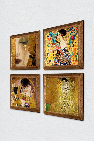 Pinecone Gustav Klimt Wall Painting with Wooden Frame Stone Wall Decor 4 Piece Painting Set Wall Art