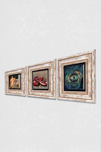 Pinecone Evil Eye, Two Musicians Girl Painting, Pomegranate Wall Painting Framed Stone Wall Decor 3 Piece Set Tk3-1493