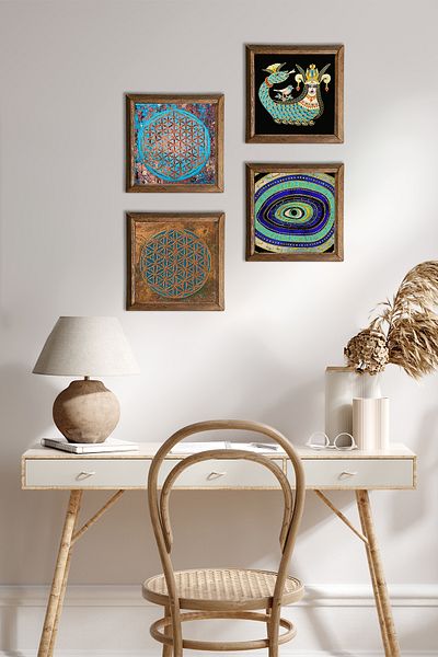 Pinecone Evil Eye, Flower of Life, Shahmeran Wall Painting Wood Framed Stone Wall Decor 4-Piece Table Set W4-482