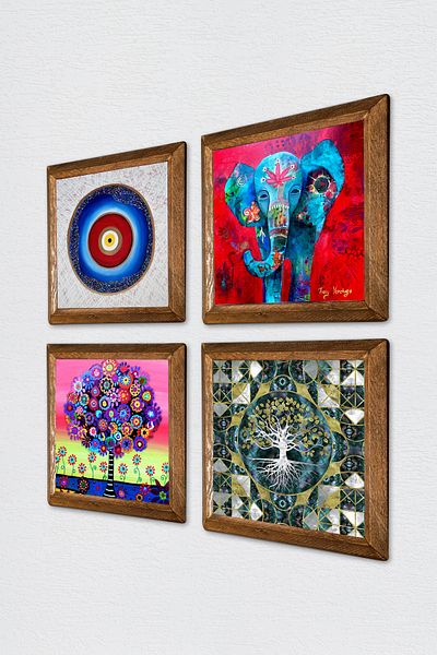 Pinecone Evil Eye, Elephant, Tree of Life Wall Painting Stone Wall Decor with Wooden Frame 4 Piece Painting Set W4-909