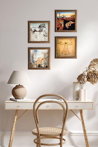 Pinecone Salvador Dalí, Da Vinci Stone Wall Painting Wood Framed Wall Decor 4 Piece Painting Set W4-972