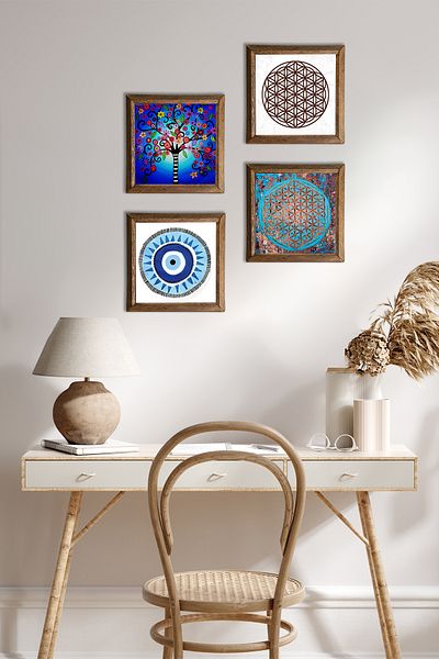 Pinecone Evil Eye, Flower of Life, Tree of Life Stone Wall Painting Wooden Framed Wall Decor 4-Piece Painting W4-835