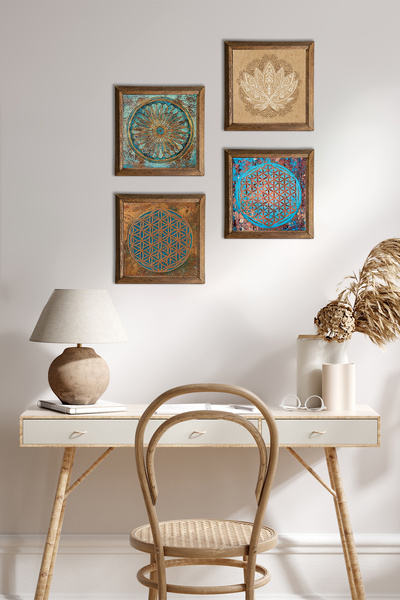 Pinecone Yaşam Çiçeği, Lotus Çiçeği Duvar Tablosu Ahşap Çerçeveli Taş Duvar Dekoru 4'lü Tablo Seti W4-824