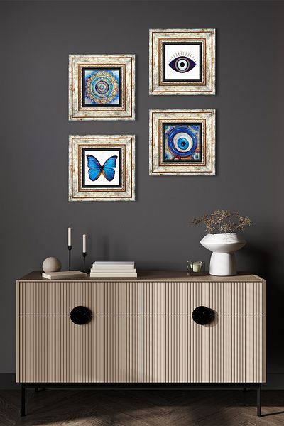 Pinecone Evil Eye, Mandala, Butterfly Wall Painting Framed Stone Wall Decor 4 Piece Painting Set TK4-1642
