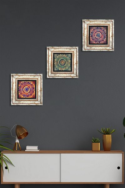 Pinecone Mandala Wall Painting Framed Stone Wall Decor 3 Piece Painting Set Wall Art Tk3-1749