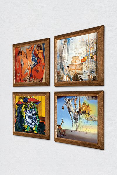 Pinecone Salvador Dali, Picasso Wall Painting Stone Wall Decor with Wood Frame 4 Piece Painting Set W4-691