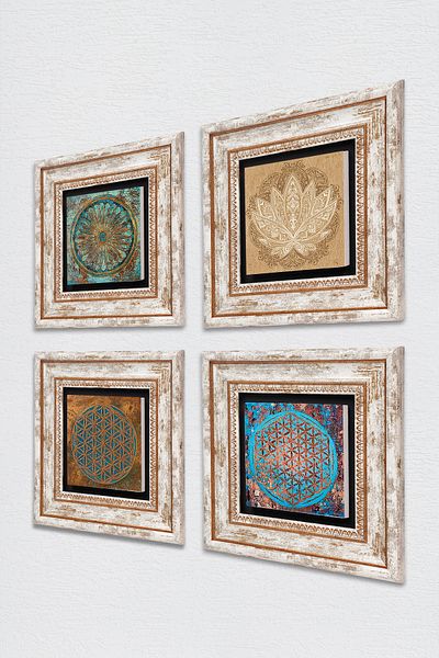 Pinecone Flower of Life, Lotus Flower Wall Painting Framed Stone Wall Decor 4 Piece Painting Set Tk4-824
