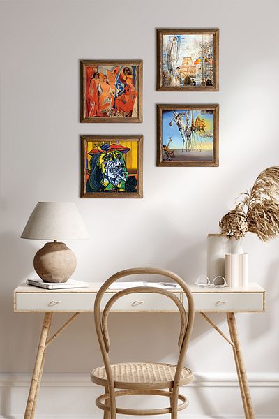 Pinecone Salvador Dali, Picasso Wall Painting Stone Wall Decor with Wood Frame 4 Piece Painting Set W4-691