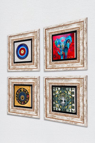 Pinecone Tree of Life, Elephant, Evil Eye Wall Painting Framed Stone Wall Decor 4 Piece Painting Set Wall Art Tk4-901