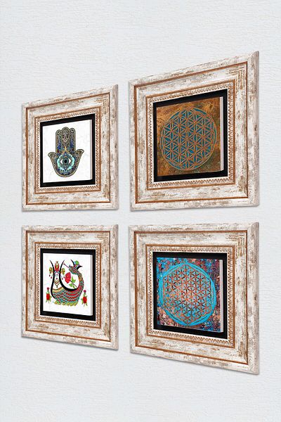 Pinecone Flower of Life, Şahmeran, Fatma Ana Eli Stone Wall Painting Framed Wall Decor 4-Piece Table Set TK4-409